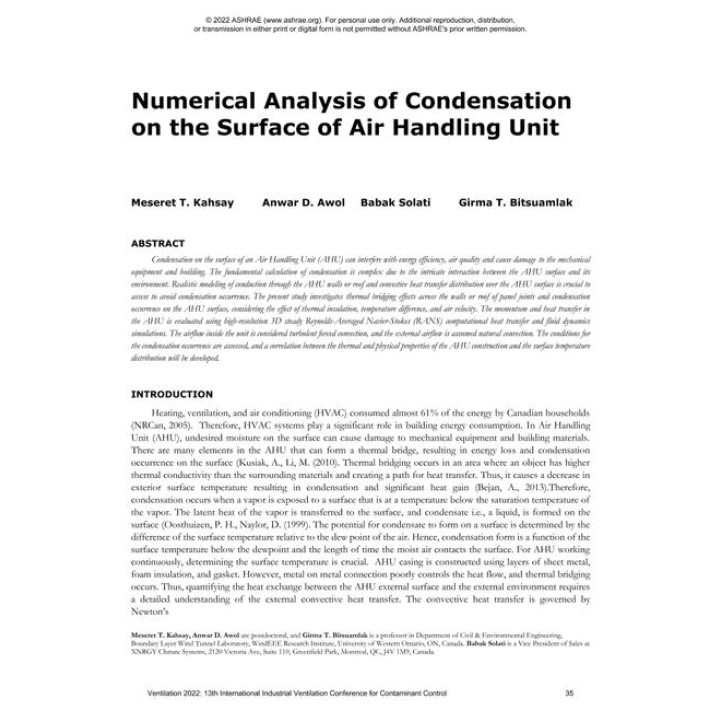 006 -- Numerical Analysis of Condensation on the Surface of Air Handling Unit