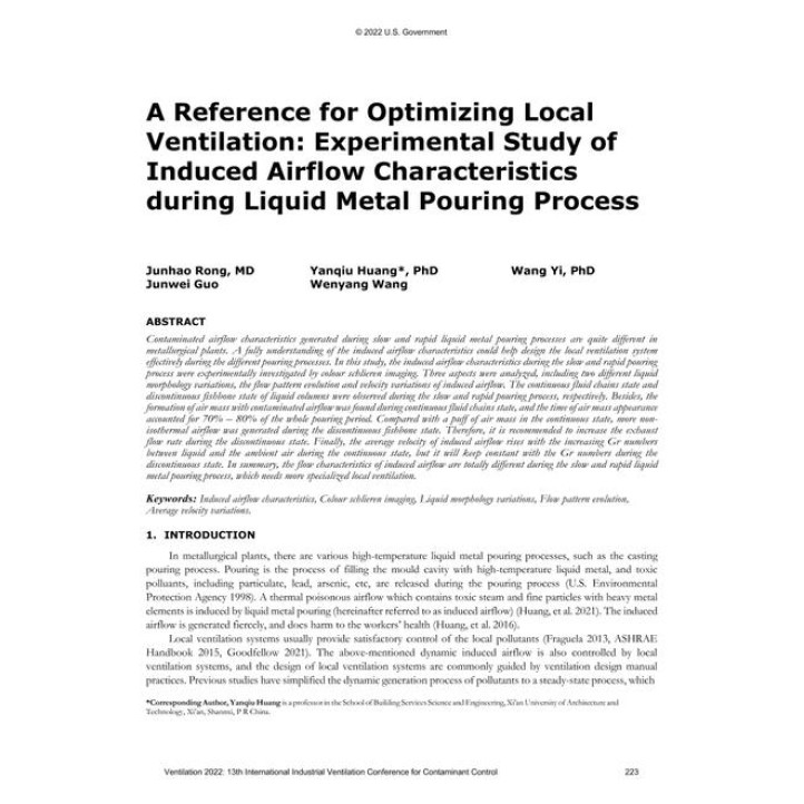 033 -- A Reference for Optimizing Local Ventilation: Experimental Study of Induced Airflow Characteristics during Various Liquid Metal Pouring Process
